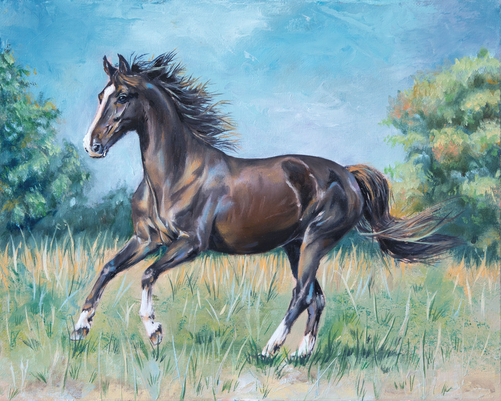 Peinture à l'huile d'un cheval noir bai - Au galop