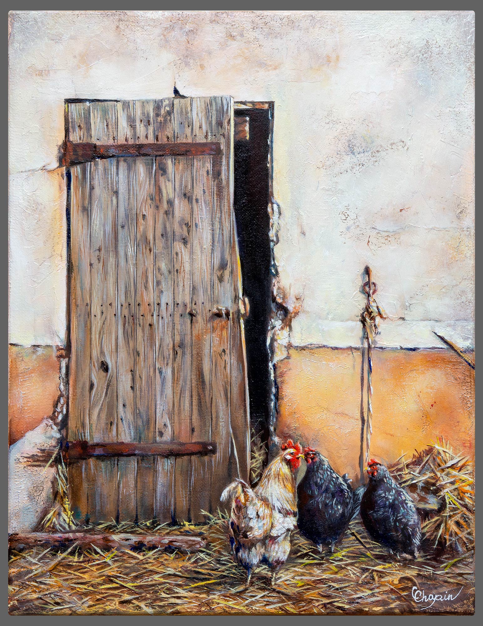 Peinture à l'huile d'une ferme avec un coq et deux poules noires