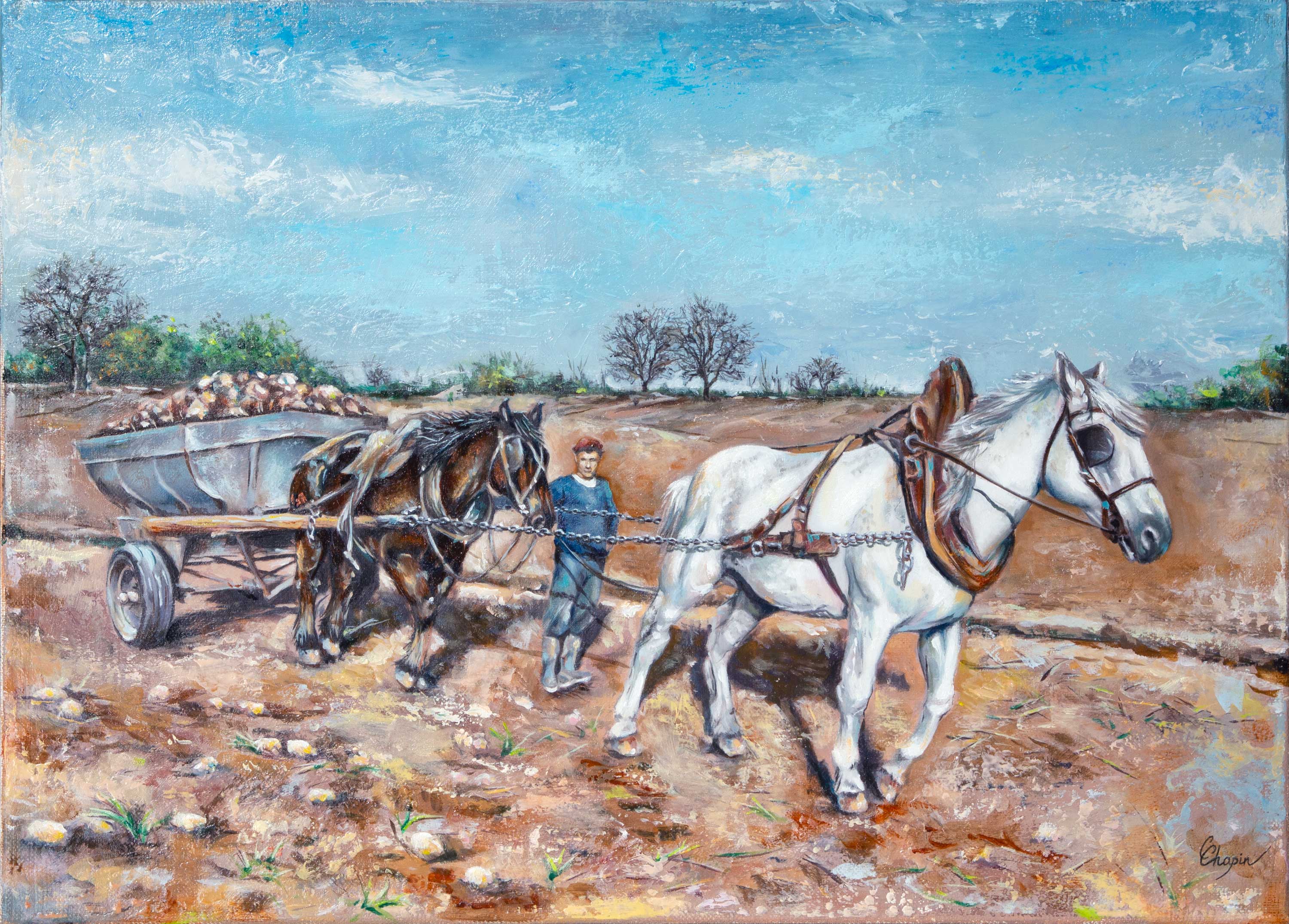Peinture à l'huile de chevaux tirant un chariot de betteraves aux champs