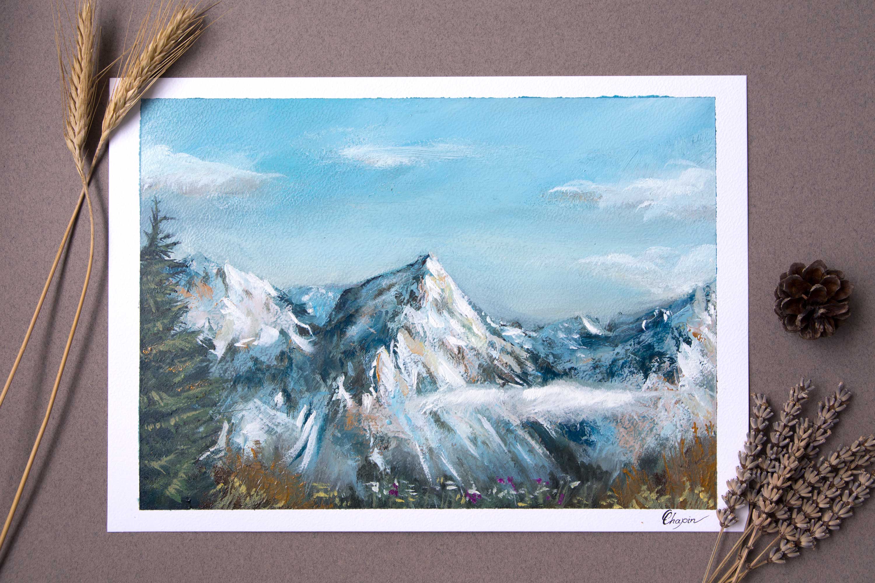 Etude à la peinture à l'huile de fleurs en haute montagne