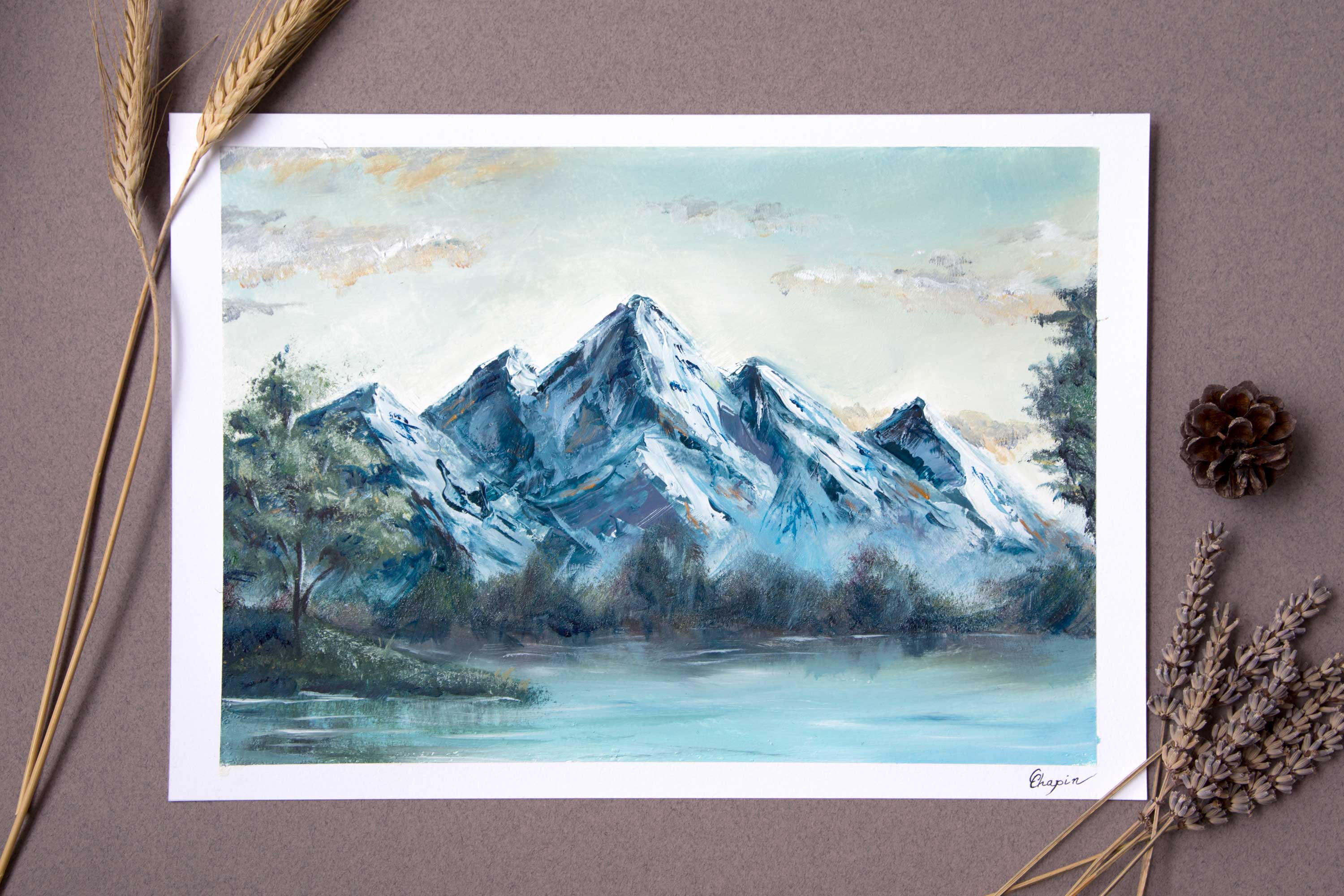 Etude à la peinture à l'huile d'un lac de montagne