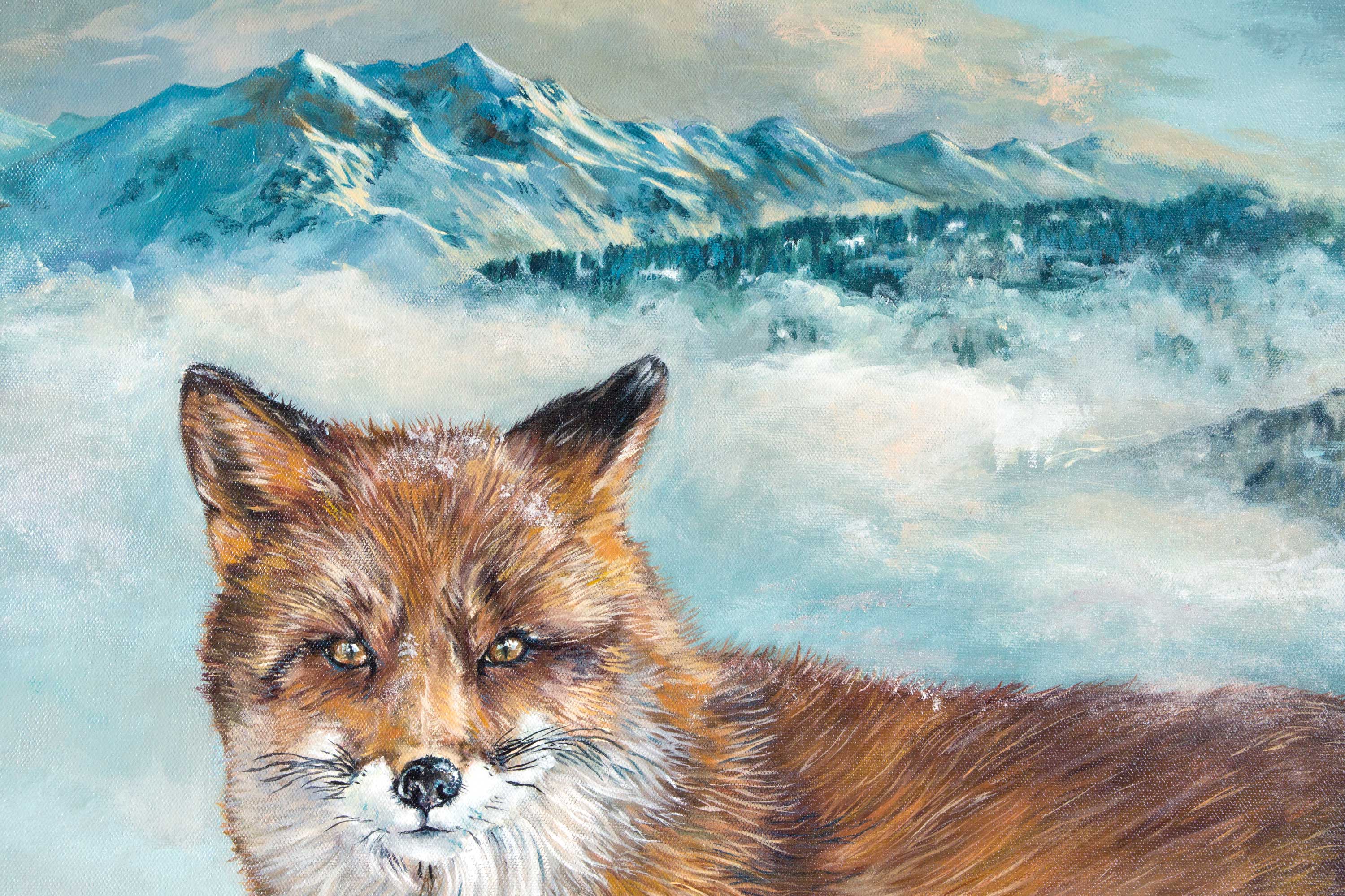 Peinture à l'huile d'un renard dans la neige - En dépit du brouillard