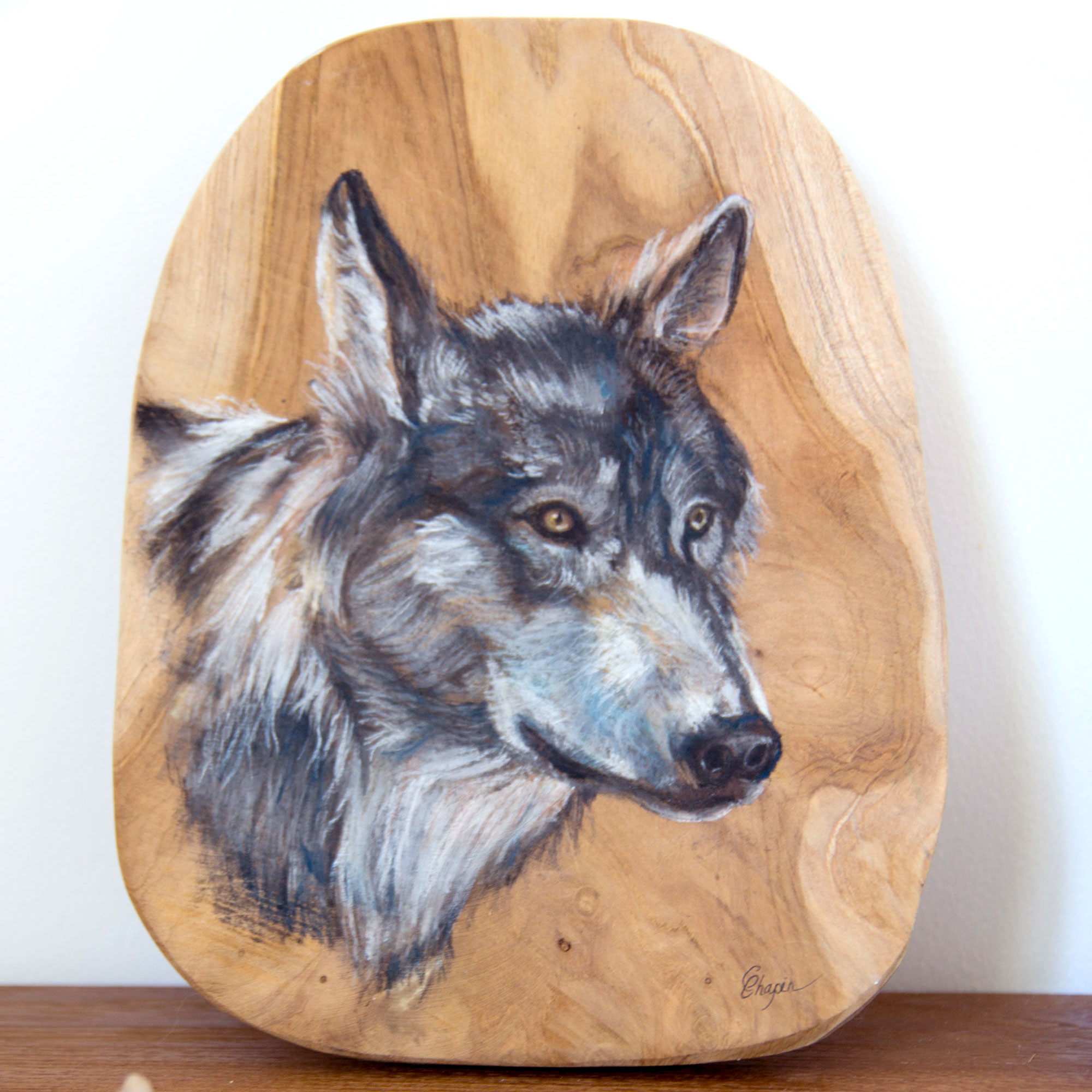 Portrait au pastel sur bois d'un loup