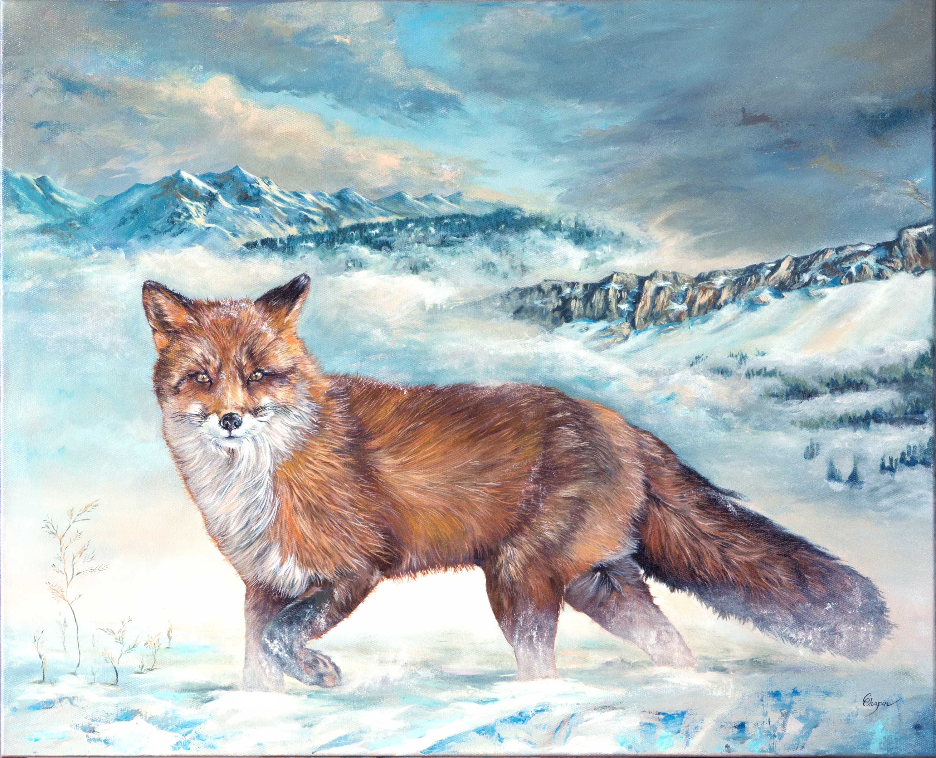 Achat originaux - Peinture à l'huile d'un renard dans la neige - En dépit du brouillard